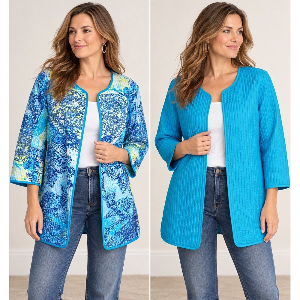 Catherine's NWT Reversible Quilted Jacket – Paisley Print / Solid Turquoise 3X
